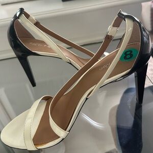 Calvin Klein NARELLA White Black Patent Leather Sandals Womens Shoes